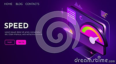 Computer speed analysis. Processor acceleration. Landing page Vector Illustration