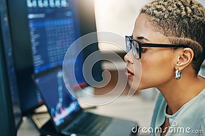 Computer, stock market and face of professional woman reading IPO equity, investment or cryptocurrency. Data analysis Stock Photo