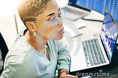 Computer, stock trade and professional woman reading fintech company metrics, IPO investment value or crypto equity Stock Photo