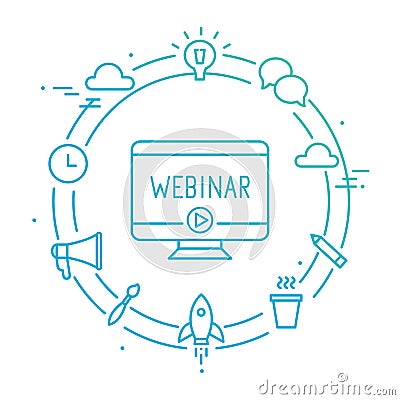 Computer Surrounded by Outline Social Icons. Webinar, Webcast, Livestream, Online Event Illustration Vector Illustration