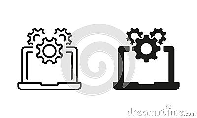 Computer System Update Line and Silhouette Icon Set. Settings and Configuration of Laptop Pictogram. Software Service Vector Illustration