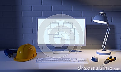 Computer, table lamp, helmet and construction tools Stock Photo