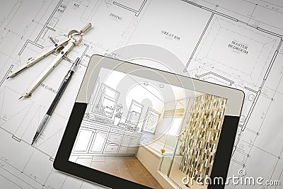 Computer Tablet with Master Bathroom Design Over House Plans Stock Photo