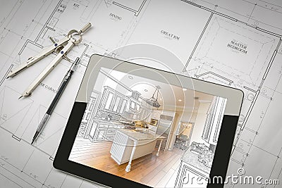 Computer Tablet Showing Kitchen Illustration On House Plans, Pen Stock Photo