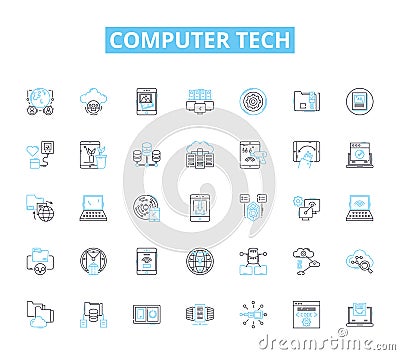 Computer tech linear icons set. Hardware, Software, Processor, Memory, Graphics, LAN, WAN line vector and concept signs Vector Illustration