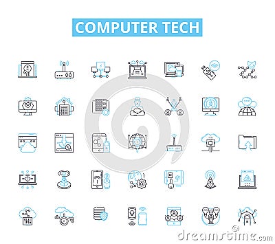 Computer tech linear icons set. Hardware, Software, Processor, Memory, Graphics, LAN, WAN line vector and concept signs Vector Illustration