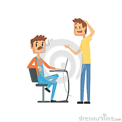 Computer technician helping office worker, engineer system IT administrator at work cartoon vector illustration Vector Illustration