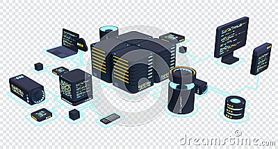 Computer technology 3D illustration. Computation of big data center. Cloud computing. Online devices upload and download Cartoon Illustration