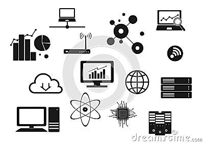 Computer technology network and internet icon set Vector Illustration