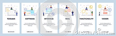 Computer technology icons, interface, software development. Mobile app onboarding screens. Menu vector banner template Vector Illustration