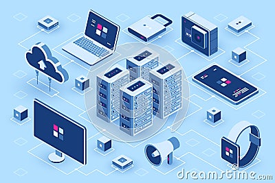 Computer technology isometric icon, server room, digital device set, element for design, pc laptop, mobile phone with Vector Illustration