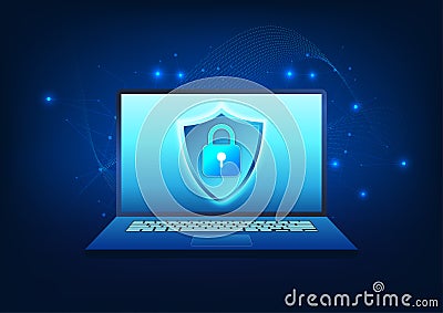 Computer technology The screen is a shield and a lock, and the background is a striped element, a computer concept with technology Vector Illustration