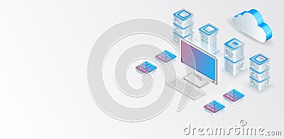 Computer technology, server room, and equipment for internet networks. Data cloud storage technology. Database and data center Vector Illustration