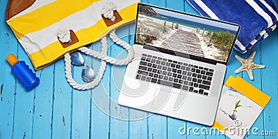 Computer Travel Beach Bag Banner Background Stock Photo