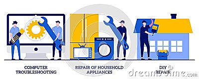 Computer troubleshooting, DIY repair of household appliances concept with tiny people. Repair and maintenance services abstract Cartoon Illustration
