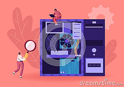 Computer Troubleshooting Fixing Service Concept. Technical Support Girls Working on Repairing Computer Hardware Vector Illustration