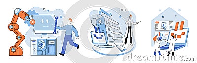 Computer troubleshooting. Troubleshooting software issues is crucial part computer repair Vector Illustration