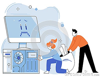 Computer troubleshooting. Technicians provide technical assistance in computer troubleshooting Vector Illustration