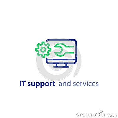 Computer upgrade, system update, software installation, repair services, IT support line icon Vector Illustration