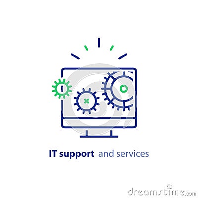 Computer upgrade, system update, software installation, repair services, IT support line icon Vector Illustration