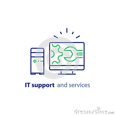 Computer upgrade, system update, software installation, repair services, IT support line icon Vector Illustration