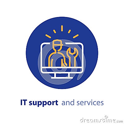 Computer upgrade, system update, software installation, repair services, IT support line icon Vector Illustration