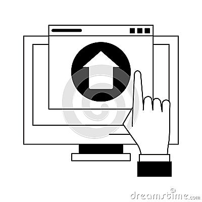 Computer upload sign in black and white Vector Illustration