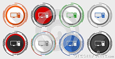 Computer vector icon set, monitor, screen, pc modern design flat graphic in 8 options for webdesign and mobile applications Vector Illustration