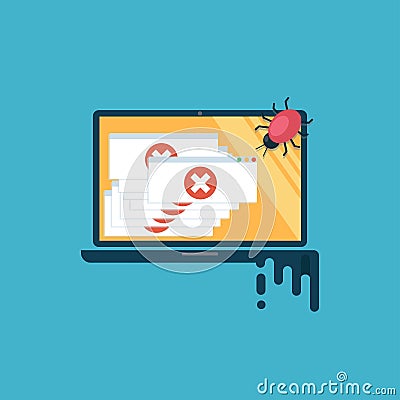 Computer virus. The computer is infected, there are a lot of alert messages. Vector Illustration