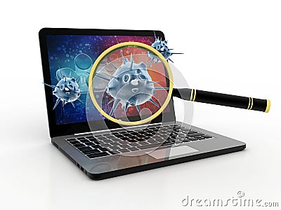 Virus Detection, Magnifying Glass scanning Virus with Computer. 3d render Stock Photo