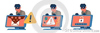 Computer virus detection icons. Account password phishing. Laptop software hacking. Data theft. Network protection Vector Illustration