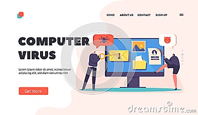 Computer Virus Landing Page Template. Hackers Hacking Pc with False Key and Crowbar. Robbers Phishing via Internet Vector Illustration