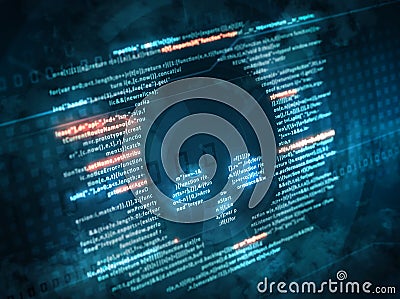 Computer virus malware attack. computer code on a screen with a skull symbol Stock Photo