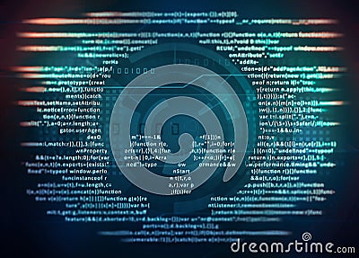 Computer virus malware attack. computer code on a screen with a skull symbol Stock Photo