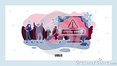 Computer virus warning alert. Error message. Cyber security and system crash. Vector web design template. Landing page Vector Illustration