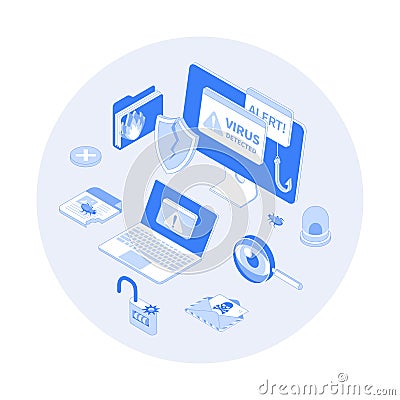 Computer Viruses. Errors detected, alert messages, bugs, open lock, infected files, broken shield. Monitor and laptop Vector Illustration