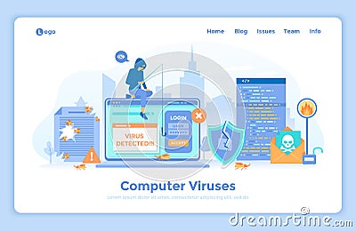 Computer Viruses and Hacker Attack. Errors detected, alert messages, bugs, open lock, infected files, broken shield. Thief hacker Vector Illustration