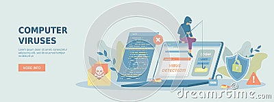 Computer viruses. Hacker crime attack, phishing account, stealing password. Errors detected bugs, infected code. Cartoon Illustration