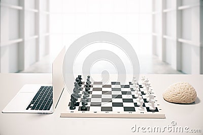 Computer vs brain white room Stock Photo