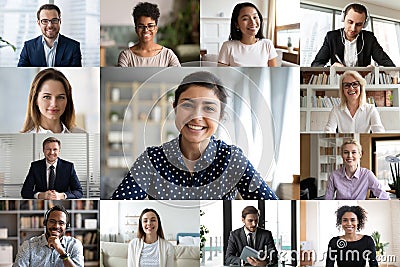 Webcam screen view multiracial businesspeople involved in group videoconference meeting Stock Photo
