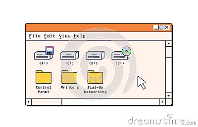 Computer window, retro interface. Old 90s nostalgic UI design, system drives, folders, files. 1990s nostalgia aesthetic Vector Illustration