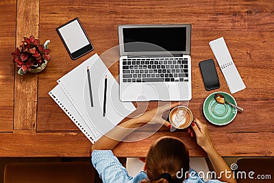 Computer Work. Business Woman Working At Cafe. Freelance, Communication Stock Photo