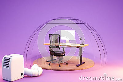 computer workplace under transparent glass dome with air conditioner on endless background particulate matter health work concept Stock Photo
