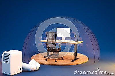 computer workplace under transparent glass dome with air conditioner on endless blue darkblue background particulate matter Stock Photo