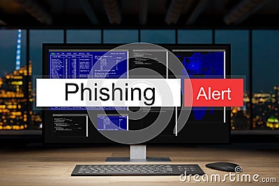 Computer workstation in dark night office with skyline view warning phishing alert, 3D Illustration Stock Photo