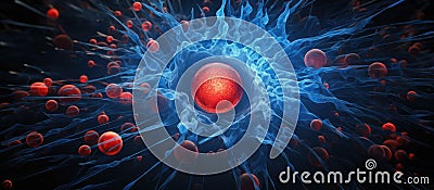 Computergenerated cell image with a red center and blue cells surrounding it Stock Photo