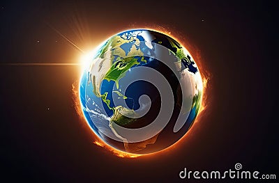 Computergenerated image of Earth with sun in electric blue sky Stock Photo