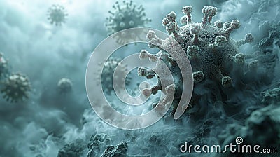 Computergenerated image of a virus surrounded by smoke in a natural landscape Stock Photo