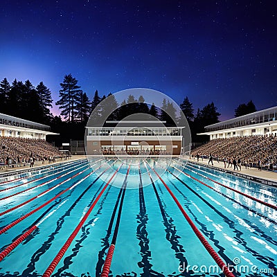 A computergenerated scene depicting a vibrant high school swimming meet at night. Concept Computer-generated scene, High school Stock Photo