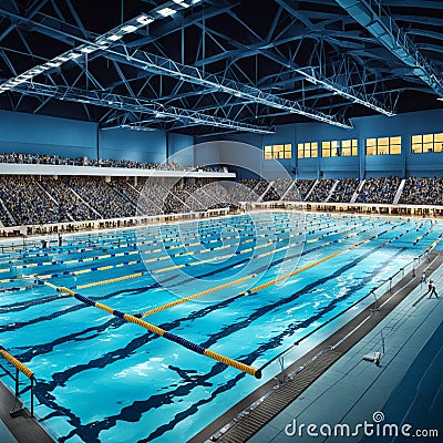 A computergenerated scene depicting a vibrant high school swimming meet at night. Concept Computer-generated scene, High school Stock Photo